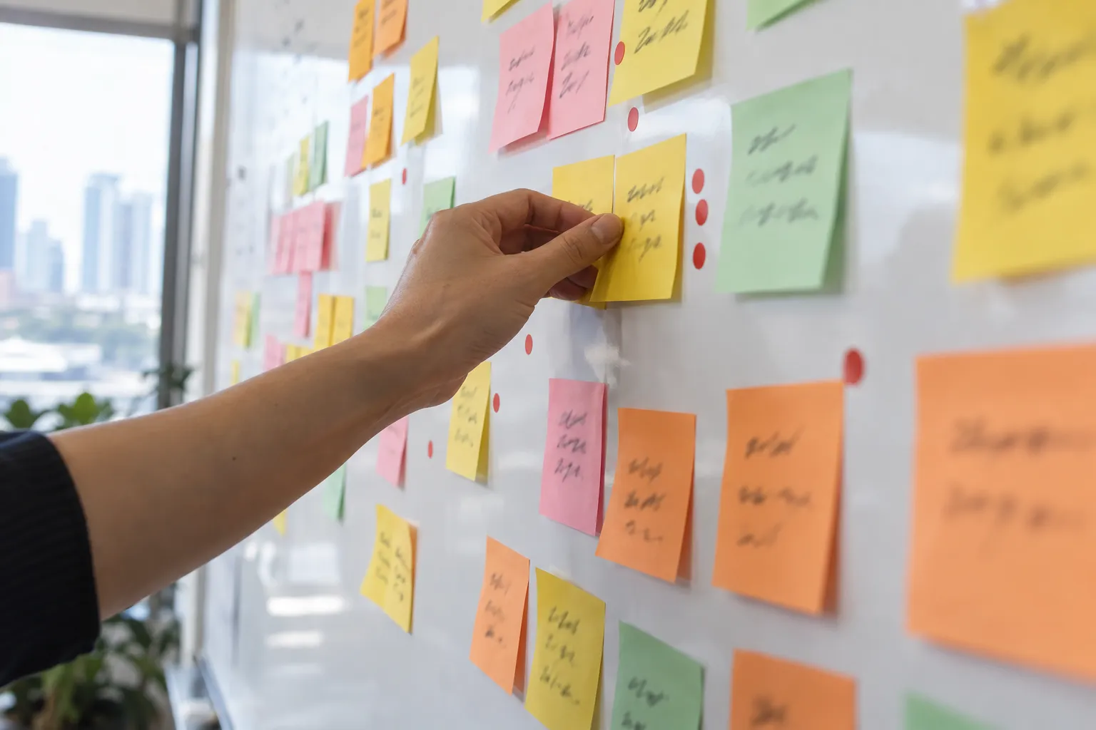 A hand presses a yellow sticky note onto a whiteboard covered in clusters of coloured notes and red dot stickers, in a bright office by a window (illustrative photo).